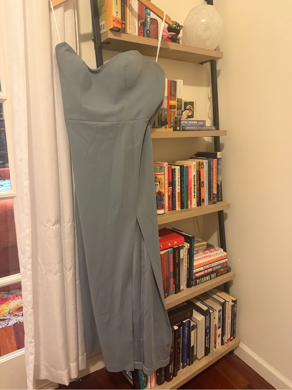 Jenny Yoo Strapless Slate-Gray Formal Gown with Side Slit